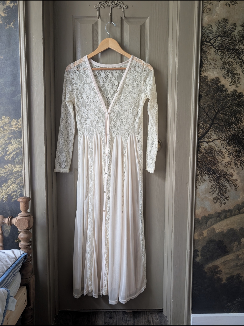Chicwish Ivory Lace Long Button-Front Cardigan Duster Dress